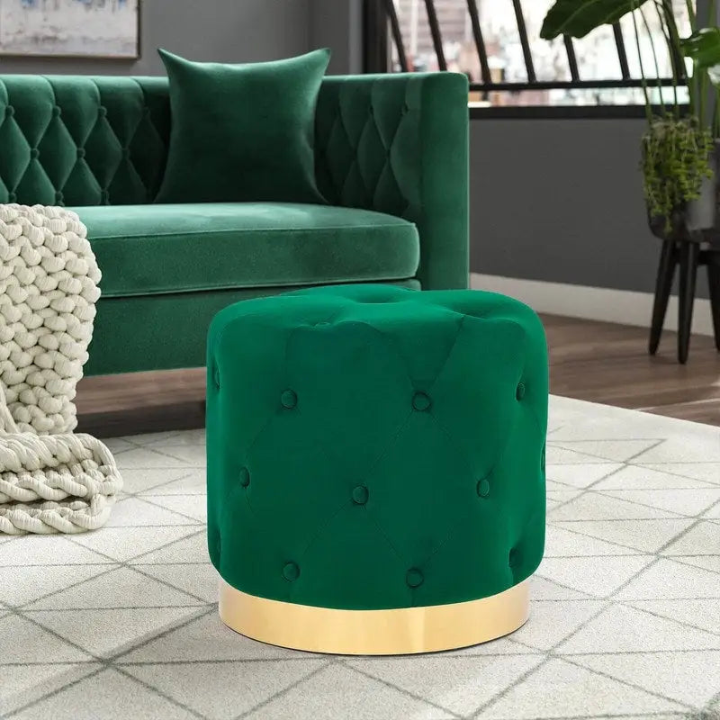Adeco Round Velvet Ottoman Vanity Footrest Stool Gold Plating Base