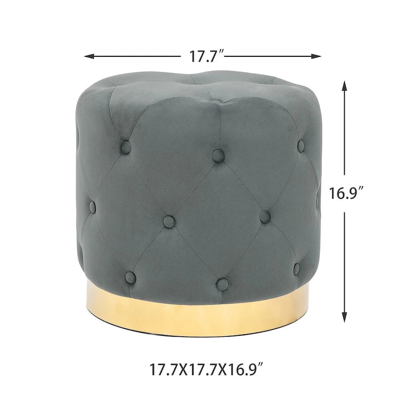Adeco Round Velvet Ottoman Vanity Footrest Stool Gold Plating Base