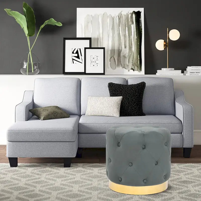 Adeco Round Velvet Ottoman Vanity Footrest Stool Gold Plating Base
