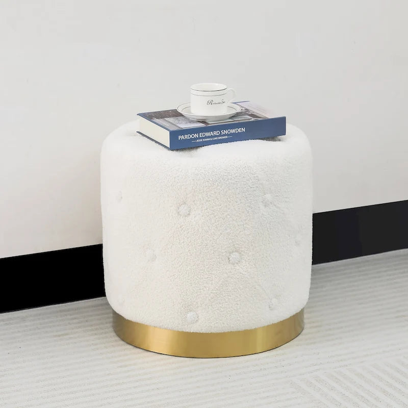 Adeco Round Velvet Ottoman Vanity Footrest Stool Gold Plating Base