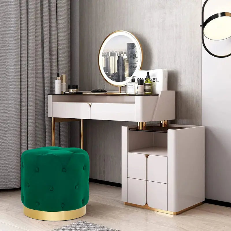 Adeco Round Velvet Ottoman Vanity Footrest Stool Gold Plating Base