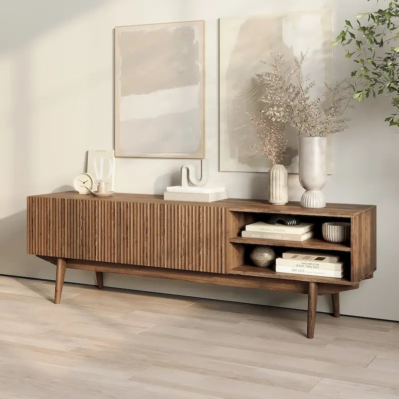 Living Skog Kelly TV Stand Console Fits TV's up to 65 in. with Wood Legs in Mid Century Modern Scandinavian Design