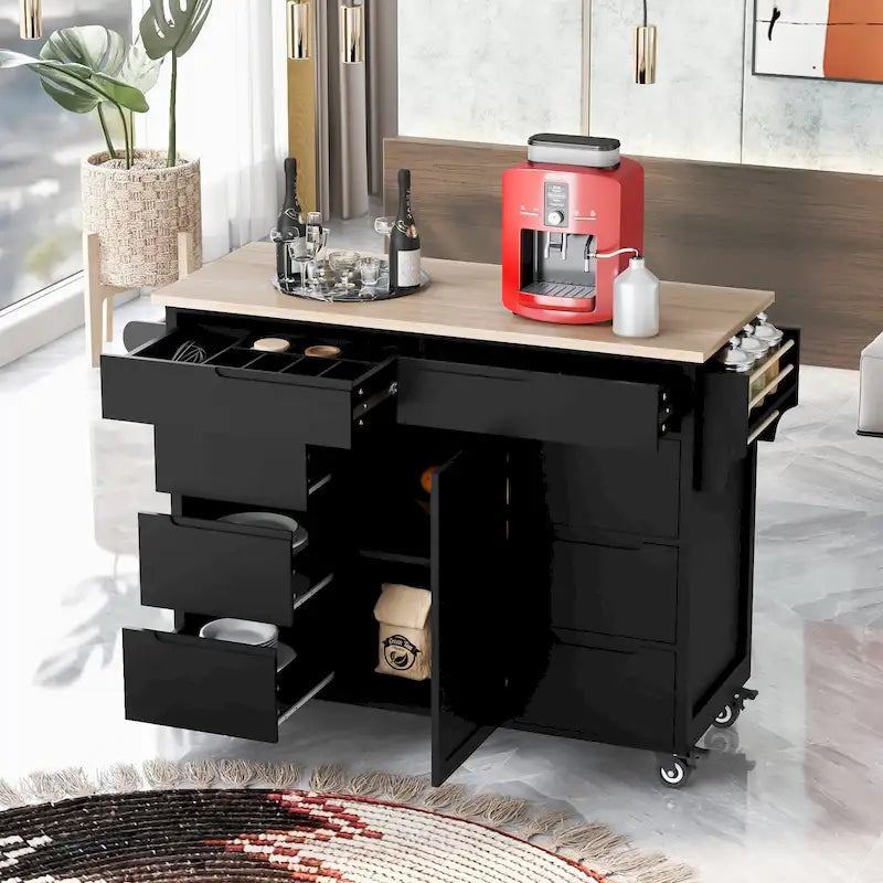 Kitchen Island Cart with Rubber Wood Top and Locking Wheels