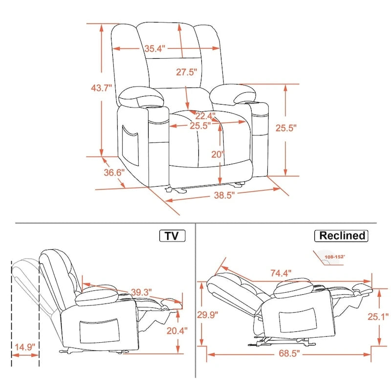MCombo Electric Power Recliner Chair with Heat and Massage, Fabric 6079/PR670