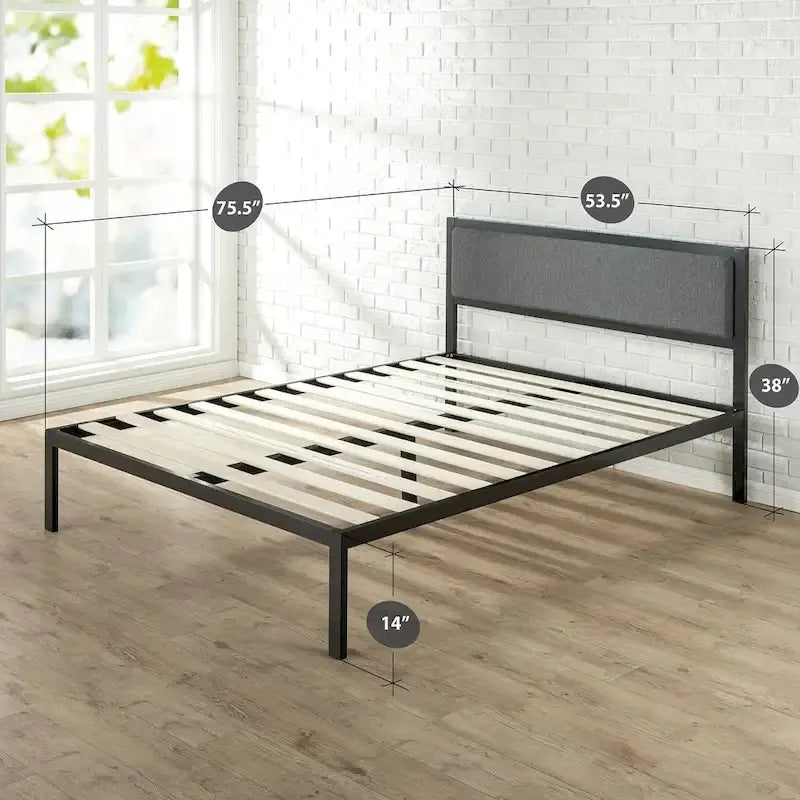 Priage by Zinus Black Steel Platform Bedframe w/ Grey Fabric Headboard