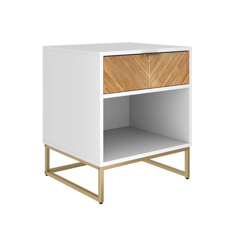 Nathan James Kensi Rustic Nightstand Matte Metal Base Open Cubby Storage and Drawer