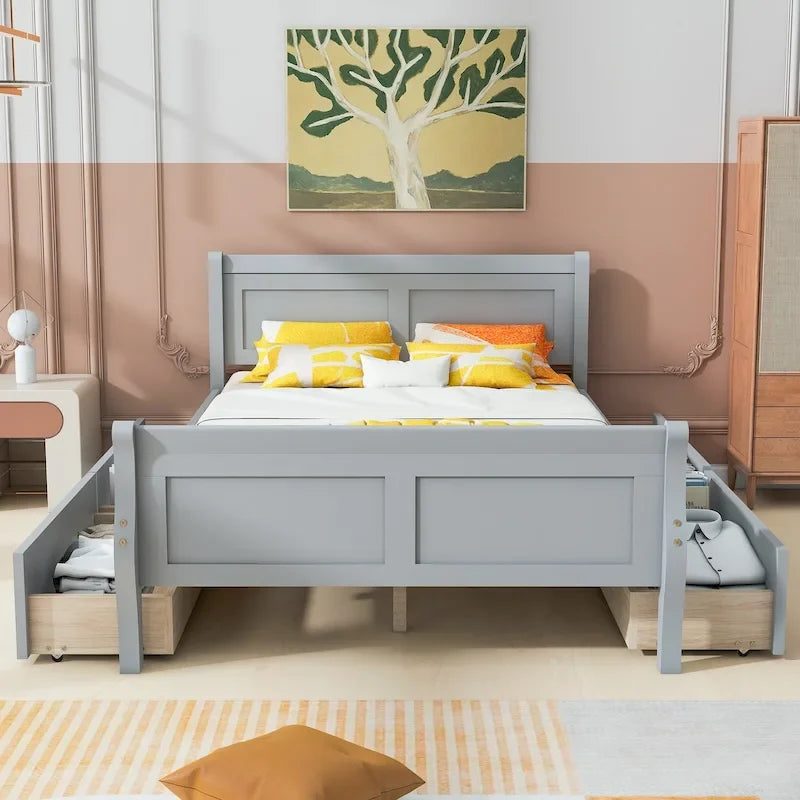 Full Size Wood Platform Bed with 4 Drawers and Streamlined Headboard