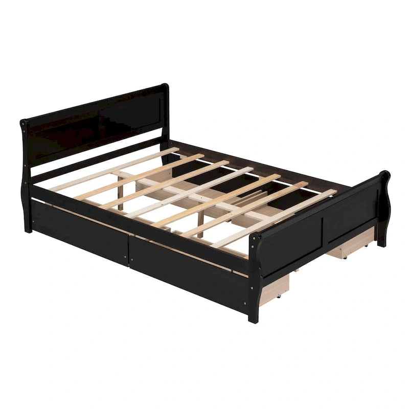 Full Size Wood Platform Bed with 4 Drawers and Streamlined Headboard