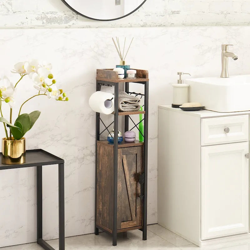 Wood Tall Bathroom Linen Cabinet Small Bathroom Storage Corner Floor Cabinet with Doors and Shelves Toilet Paper Holder