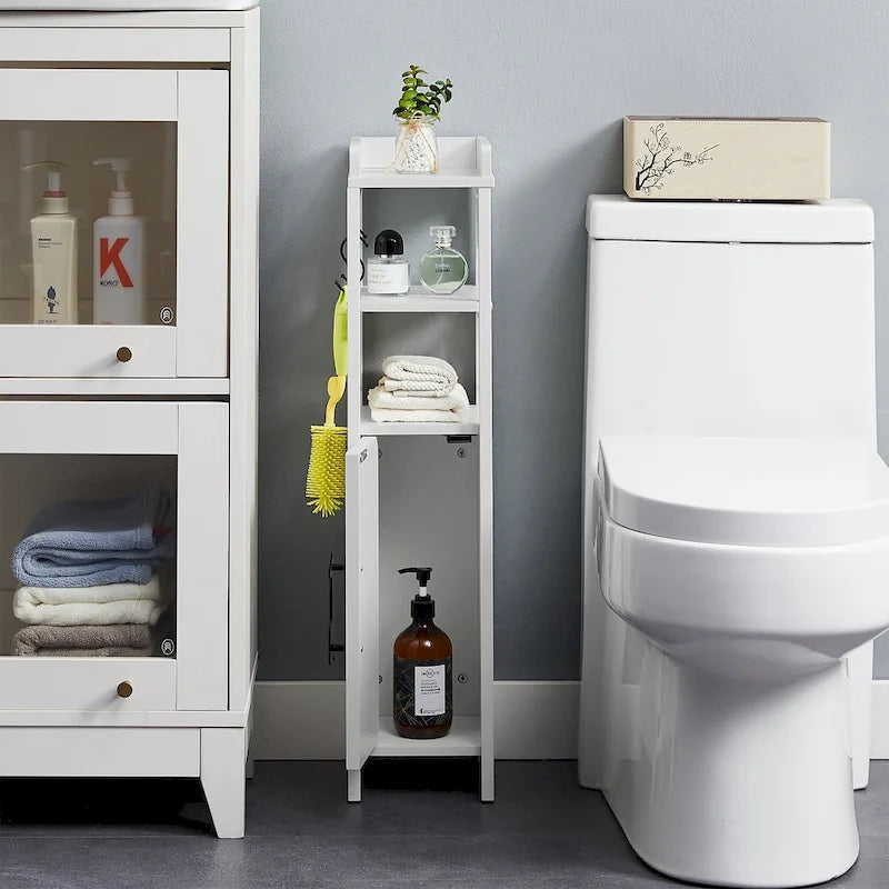 Wood Tall Bathroom Linen Cabinet Small Bathroom Storage Corner Floor Cabinet with Doors and Shelves Toilet Paper Holder