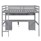Full Size Loft Bed with Desk, Cabinets, Drawers and Bedside Tray, Charging Station, Gray
