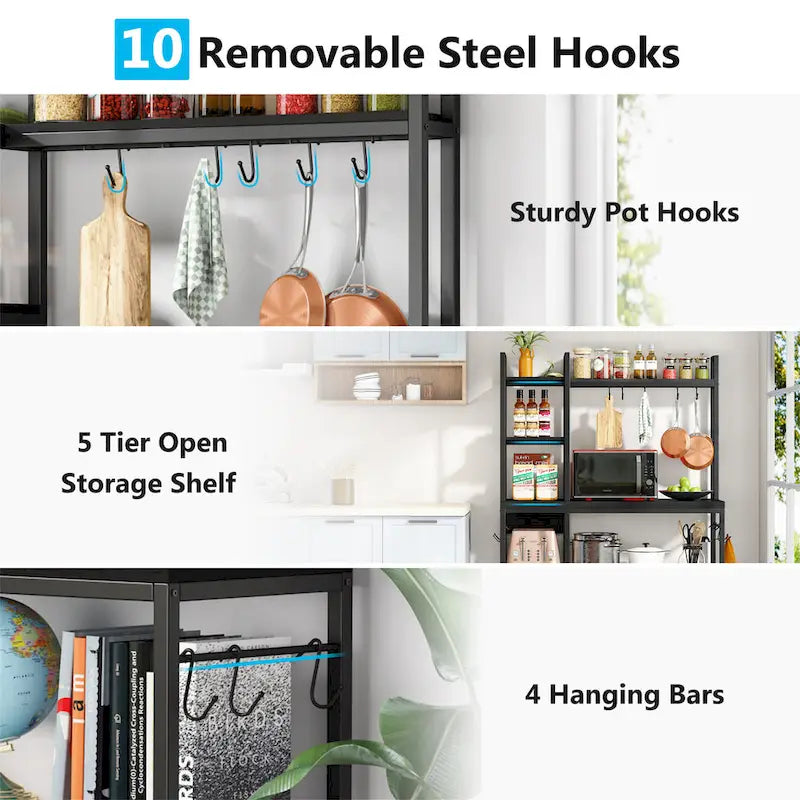 Brown Industrial Wood Bakers Rack with Storage,Black Modern Microwave Oven Stand,5-Tier Kitchen Utility Storage Shelf