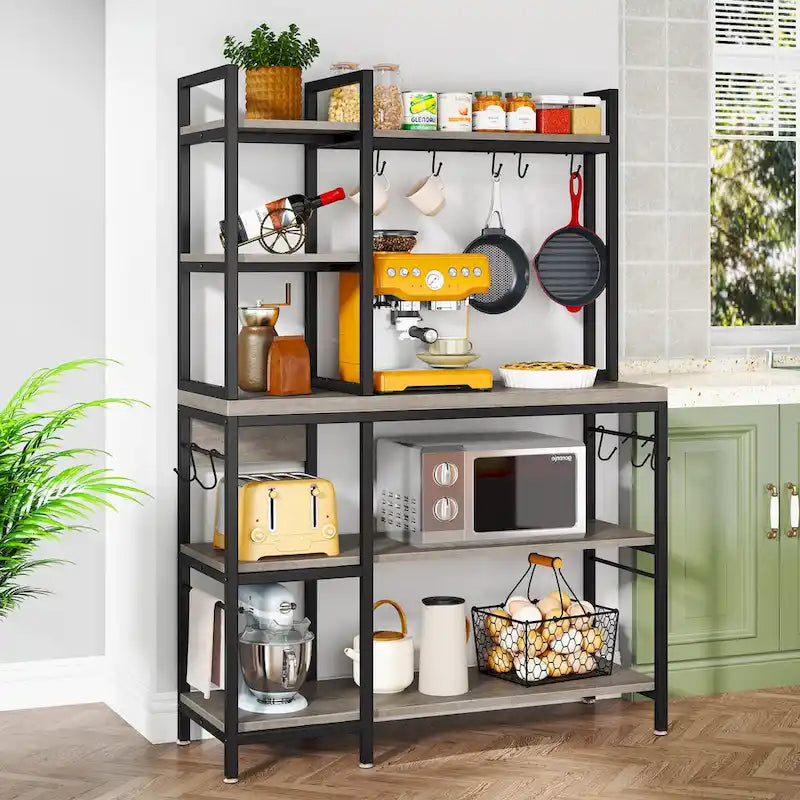 Brown Industrial Wood Bakers Rack with Storage,Black Modern Microwave Oven Stand,5-Tier Kitchen Utility Storage Shelf