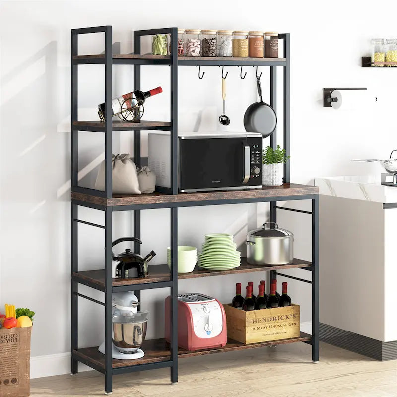 Brown Industrial Wood Bakers Rack with Storage,Black Modern Microwave Oven Stand,5-Tier Kitchen Utility Storage Shelf