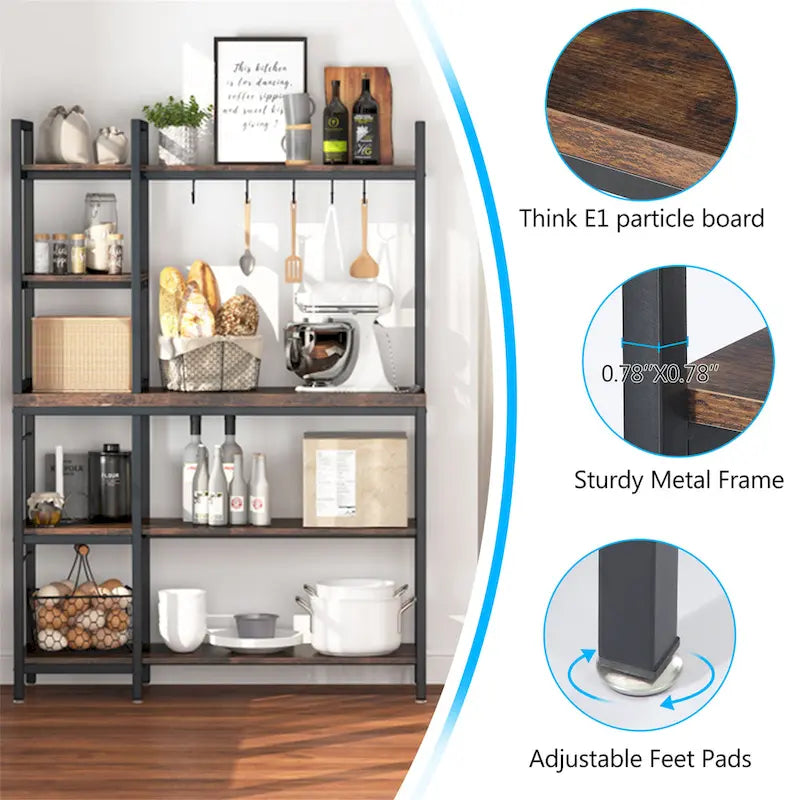 Brown Industrial Wood Bakers Rack with Storage,Black Modern Microwave Oven Stand,5-Tier Kitchen Utility Storage Shelf