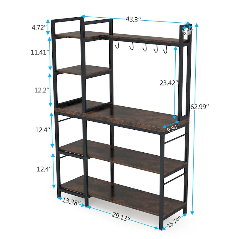 Brown Industrial Wood Bakers Rack with Storage,Black Modern Microwave Oven Stand,5-Tier Kitchen Utility Storage Shelf