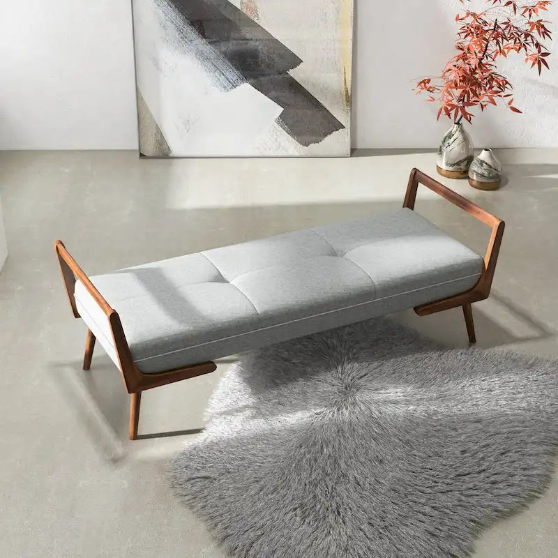 Donatello Mid Century Modern Fabric Upholstered Bench in Grey