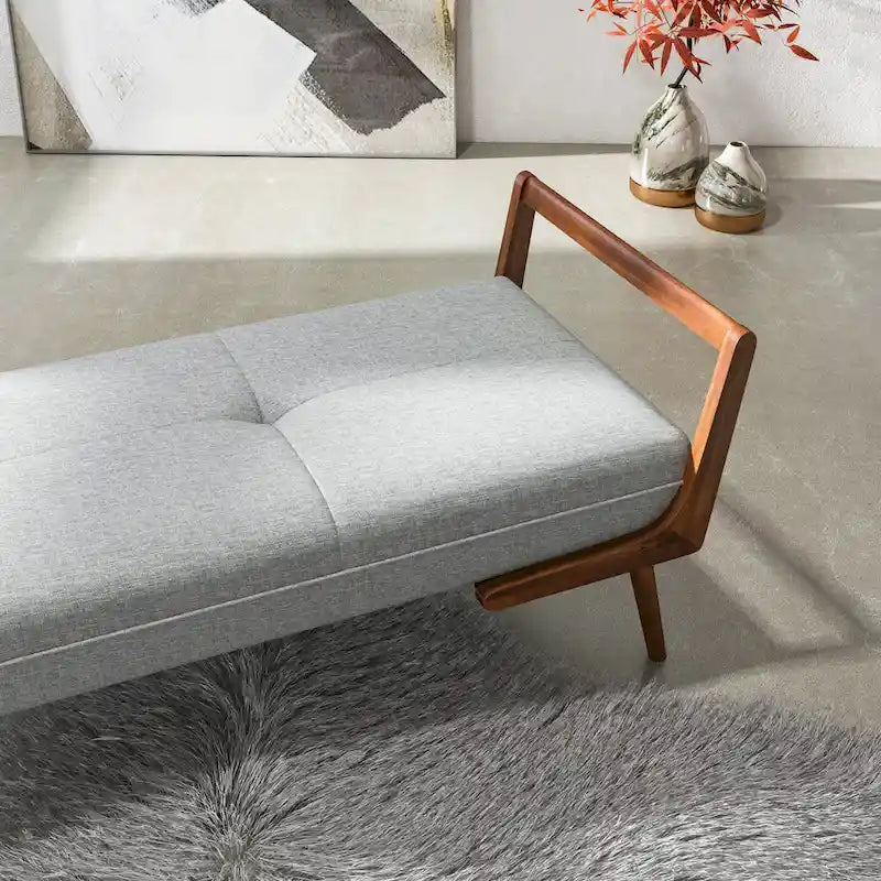 Donatello Mid Century Modern Fabric Upholstered Bench in Grey