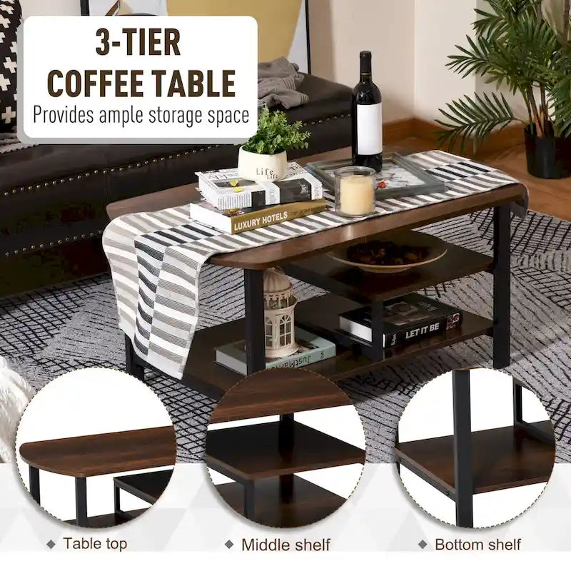 HOMCOM Vintage Industrial Coffee Table with Under-Top Storage Shelves and Rounded Corners, Dark Wood