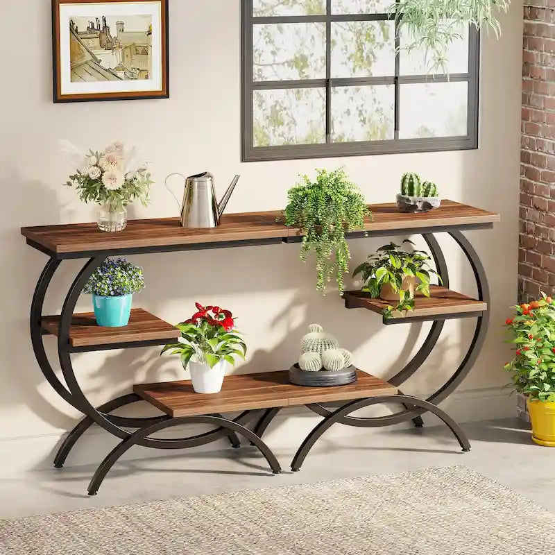 C-Shaped End Table, Industrial 3-Tier Side Table, Wood Bedside Table
