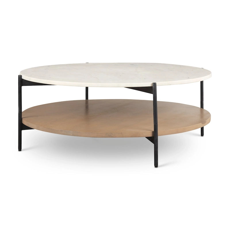 Larkin Two-Tier White Marble Top and Solid Wood Round Coffee Table