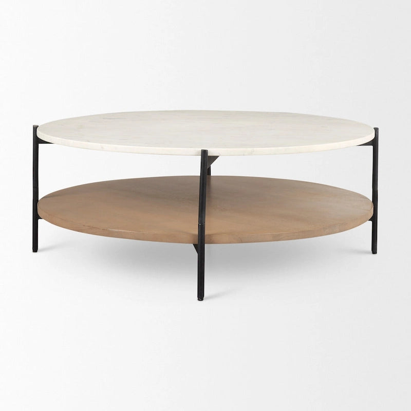 Larkin Two-Tier White Marble Top and Solid Wood Round Coffee Table