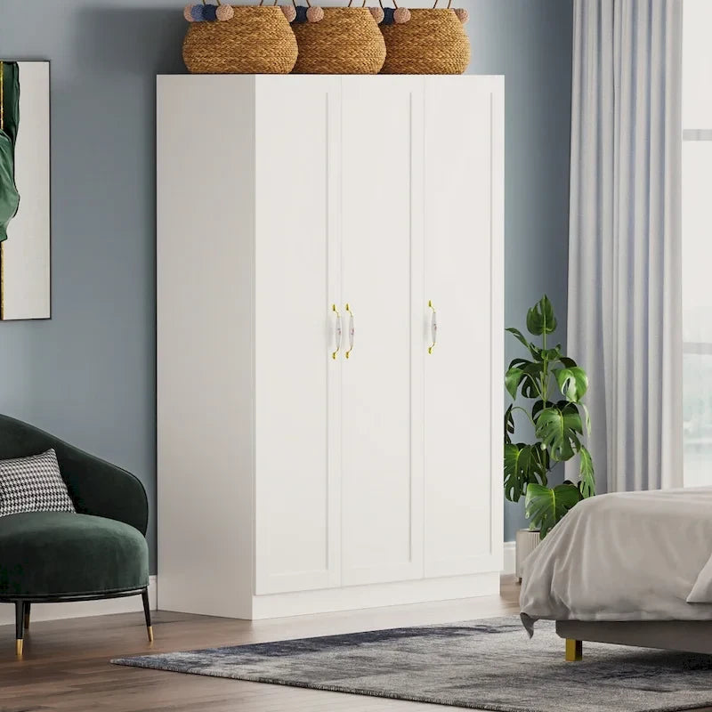 47.2W Armoire with Three Doors ,Two Clothes Rod ,Golden Floral Handle