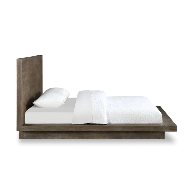 Nels Pine Wood Platform Queen Bed, Plinth Base, Distressed Brown