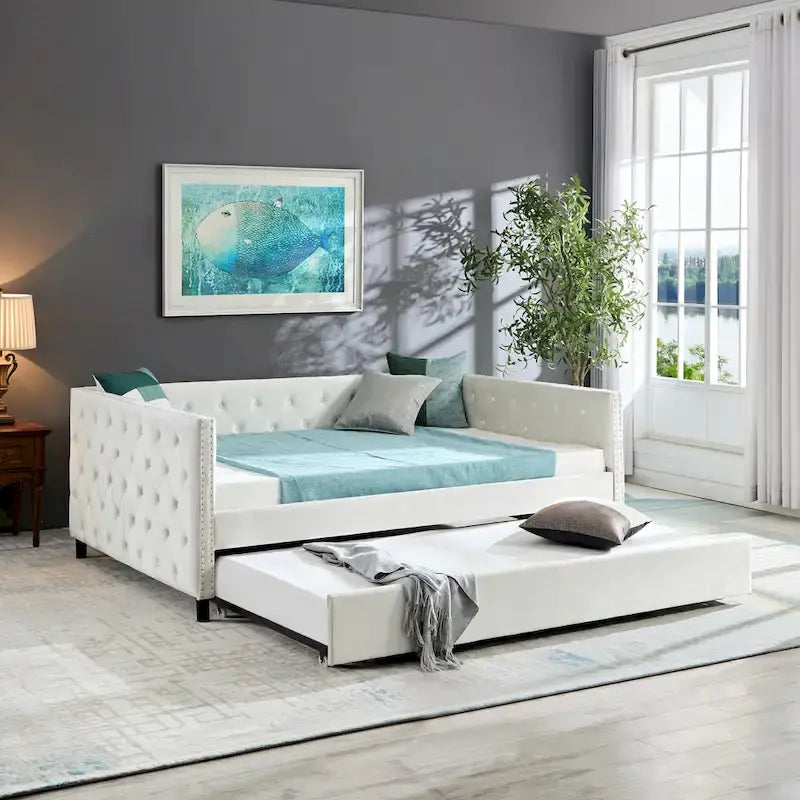 Full Size Velvet Daybed Upholstered Sofa Bed With Wheels, Button And Copper Nail