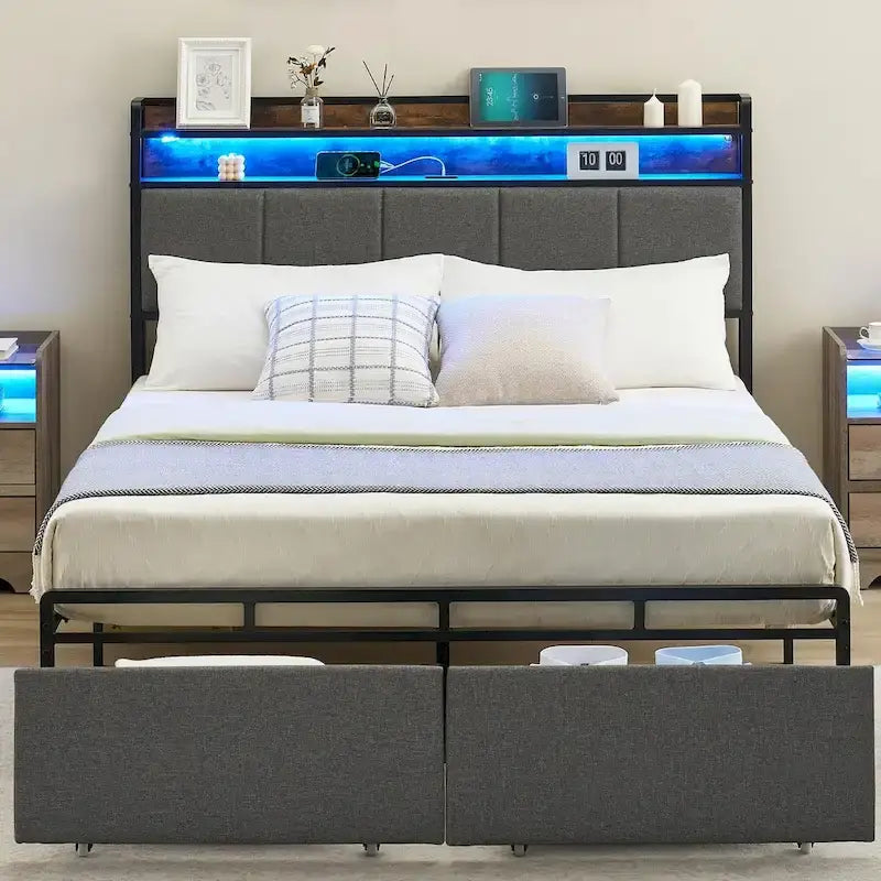 Bed Frame with 2-Tier Storage Headboard