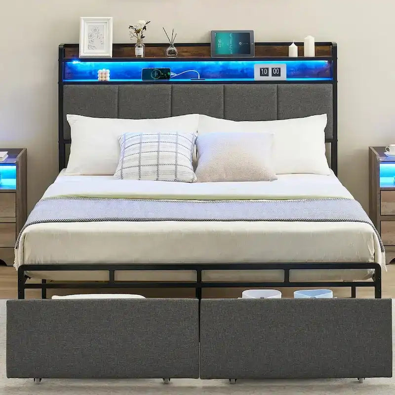 Bed Frame with 2-Tier Storage Headboard