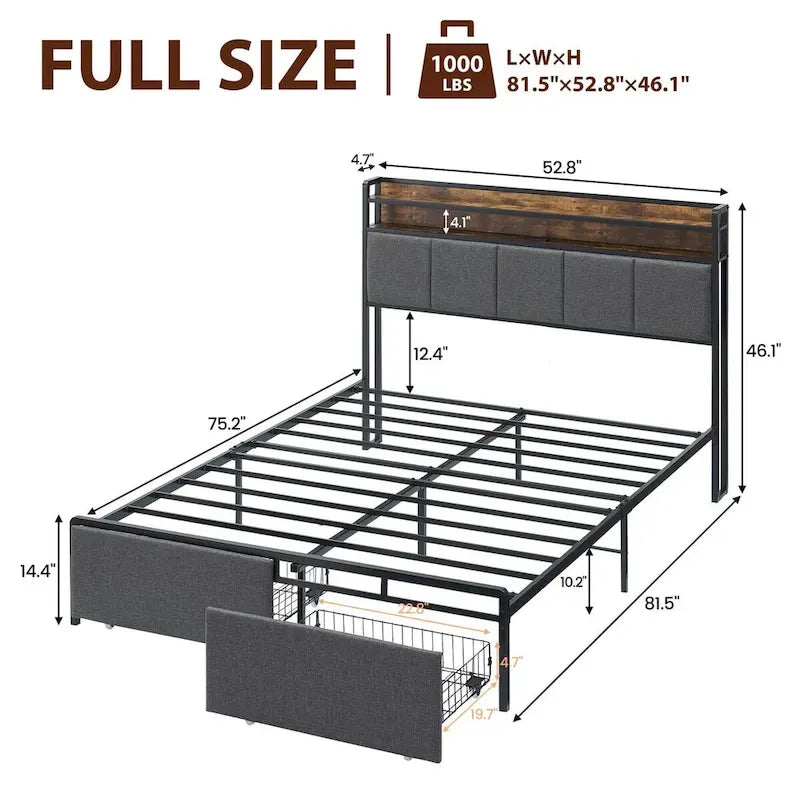 Bed Frame with 2-Tier Storage Headboard
