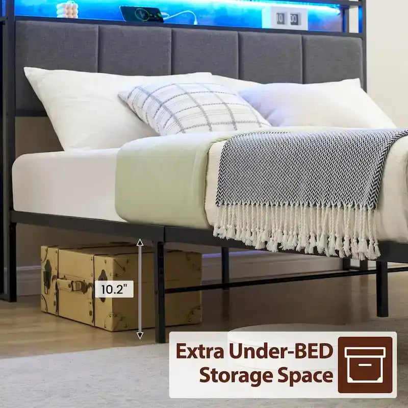 Bed Frame with 2-Tier Storage Headboard