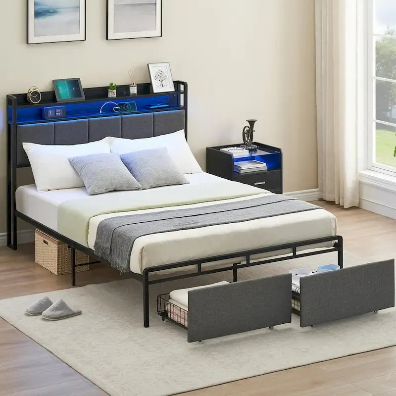 Bed Frame with 2-Tier Storage Headboard