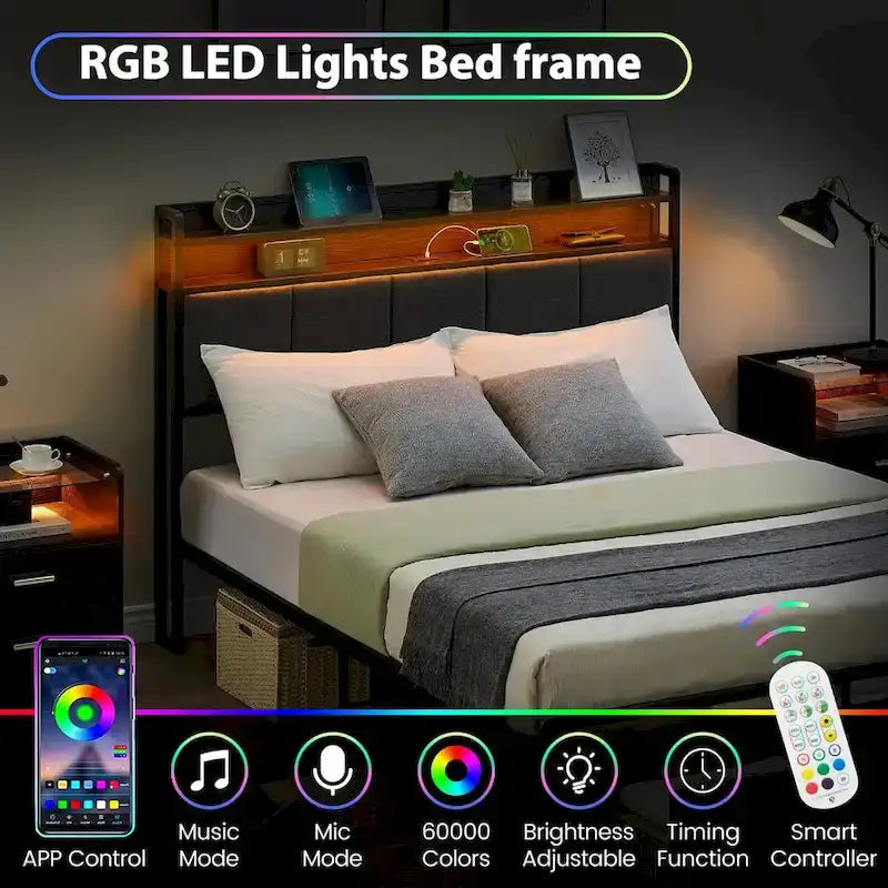 Bed Frame with 2-Tier Storage Headboard