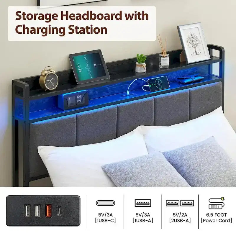 Bed Frame with 2-Tier Storage Headboard
