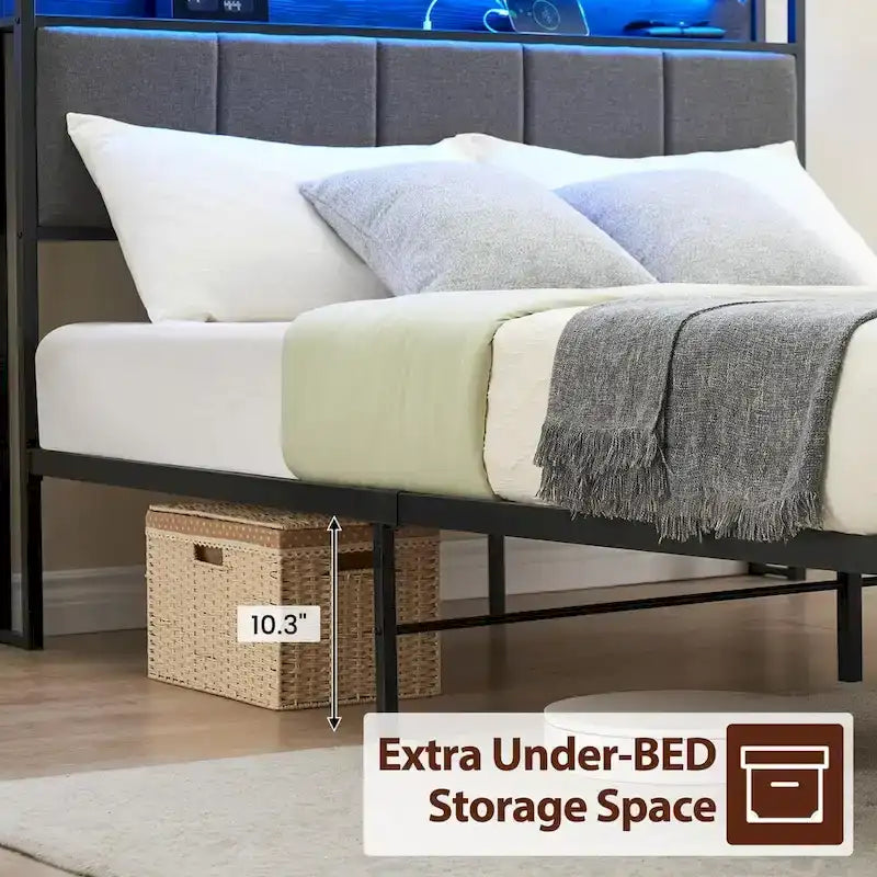 Bed Frame with 2-Tier Storage Headboard