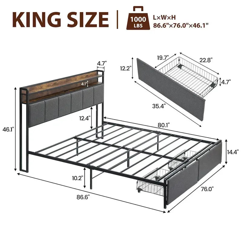 Bed Frame with 2-Tier Storage Headboard