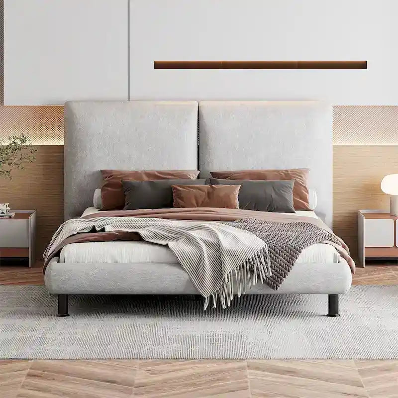 Upholstered Platform Bed w/Two Large Headrests& Thick Fabric,Polyester