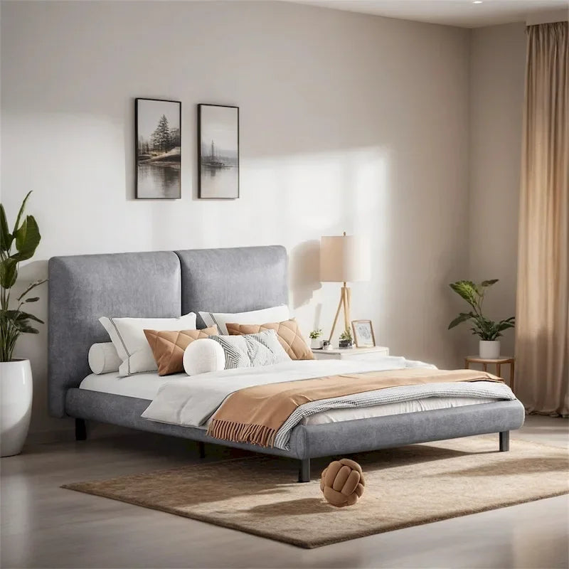 Upholstered Platform Bed w/Two Large Headrests& Thick Fabric,Polyester