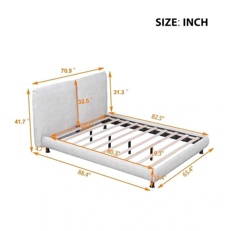 Upholstered Platform Bed w/Two Large Headrests& Thick Fabric,Polyester