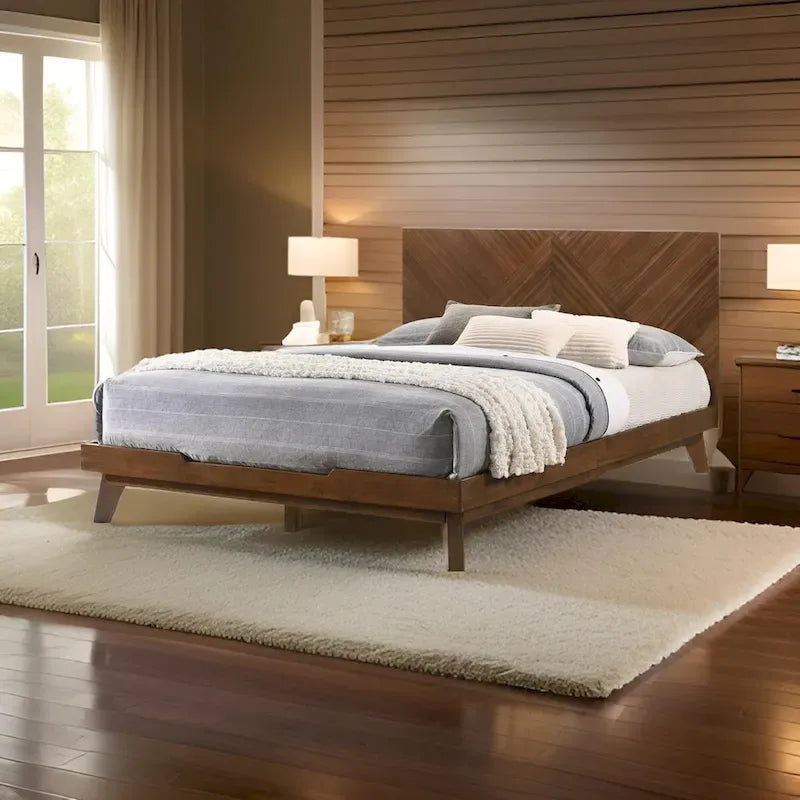 Soer Queen Bed, Chevron Pattern Tall Headboard, Walnut Brown Solid Wood