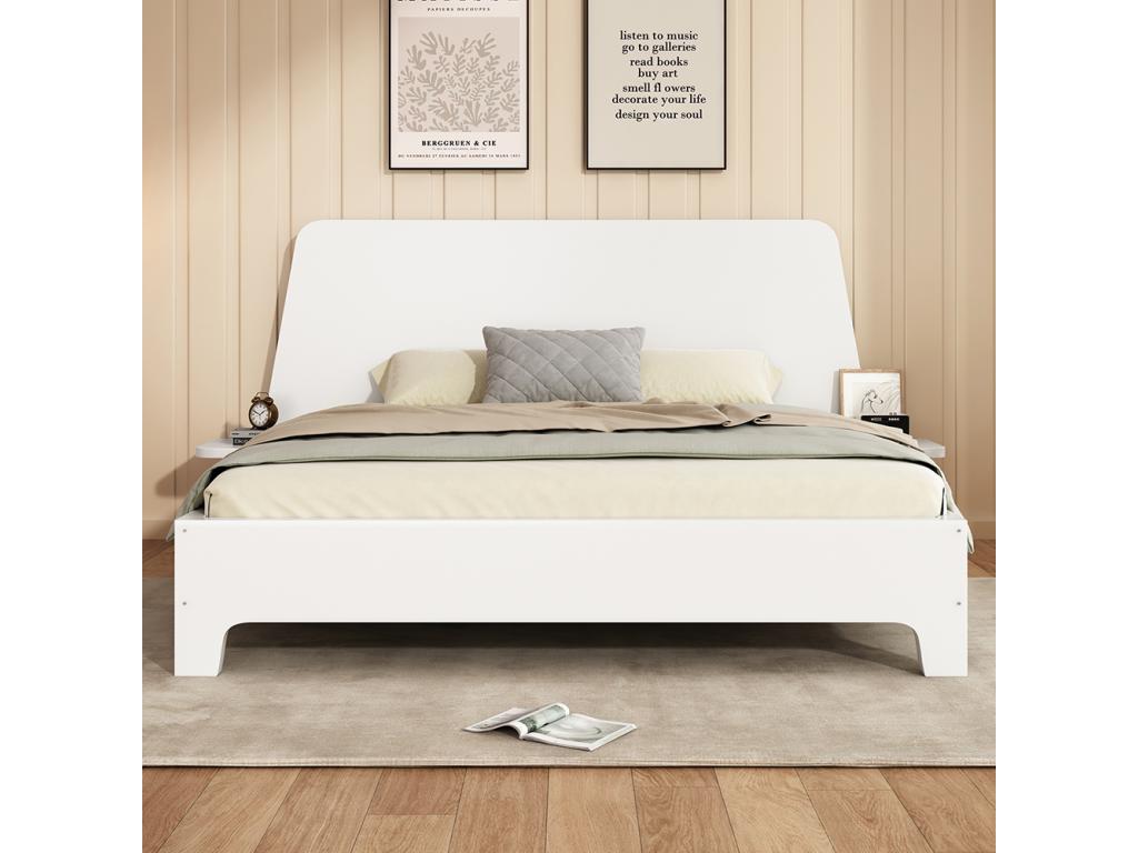 160x200 cm Solid wood double bed with storage headboard and slatted base, white, Artvivrestore, mattress not included, 74904BORZ
