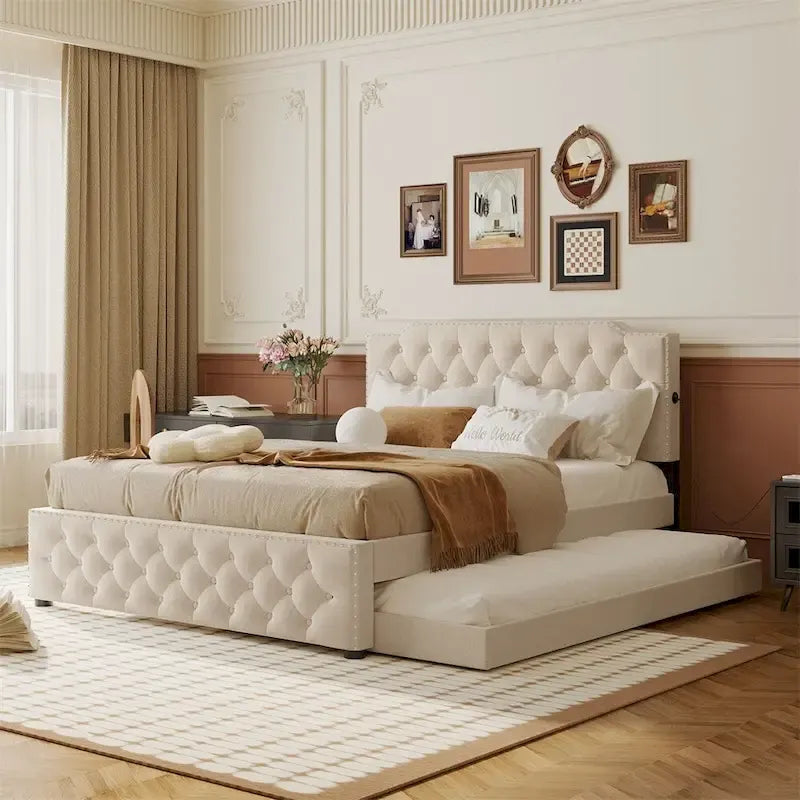 Queen Platform Bed with Twin Size Trundle and 2 USB Ports on each side