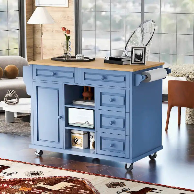 Kitchen Cart with Storage and 5 Drawers,Spice Rack,Towel Holder ,Rubber Wood Desktop Rolling Mobile Kitchen Island