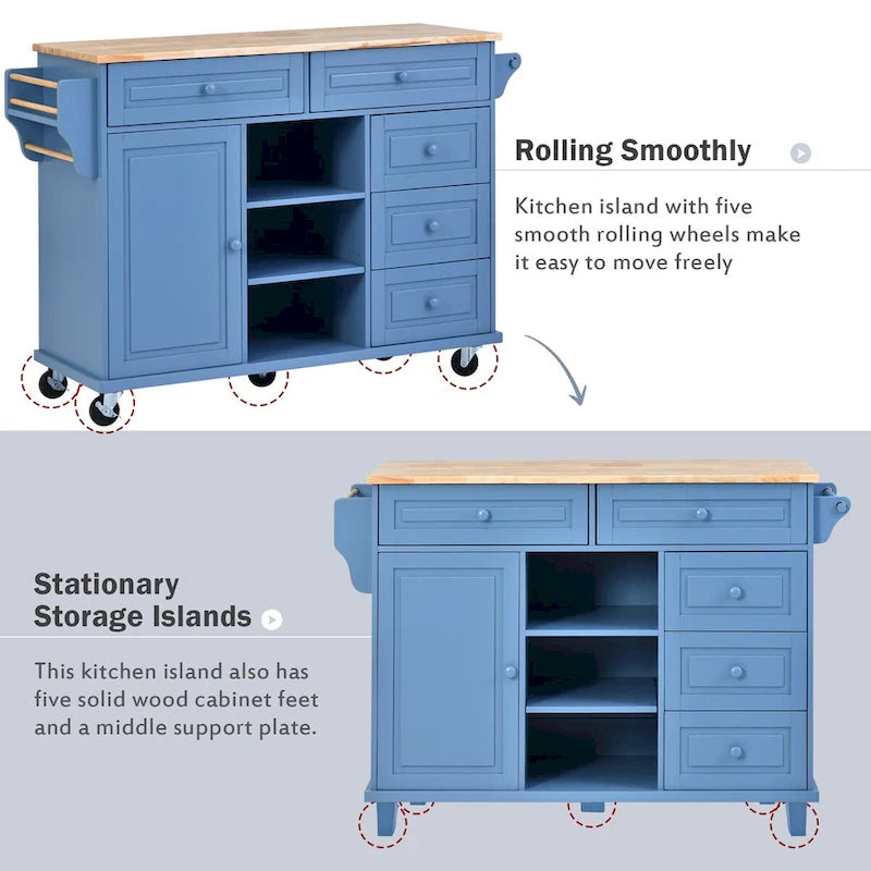Kitchen Cart with Storage and 5 Drawers,Spice Rack,Towel Holder ,Rubber Wood Desktop Rolling Mobile Kitchen Island