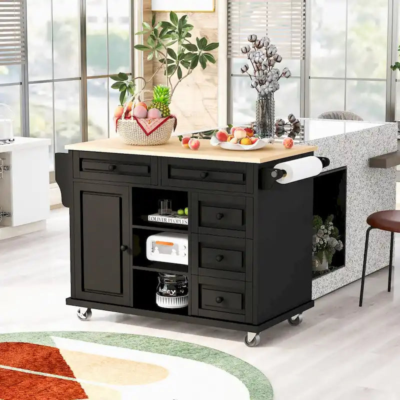 Kitchen Cart with Storage and 5 Drawers,Spice Rack,Towel Holder ,Rubber Wood Desktop Rolling Mobile Kitchen Island