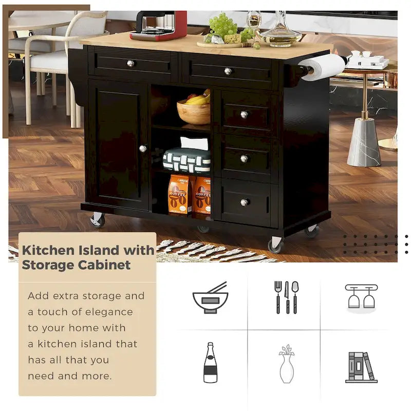 Kitchen Cart with Storage and 5 Drawers,Spice Rack,Towel Holder ,Rubber Wood Desktop Rolling Mobile Kitchen Island