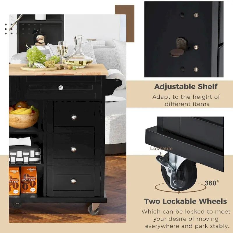 Kitchen Cart with Storage and 5 Drawers,Spice Rack,Towel Holder ,Rubber Wood Desktop Rolling Mobile Kitchen Island
