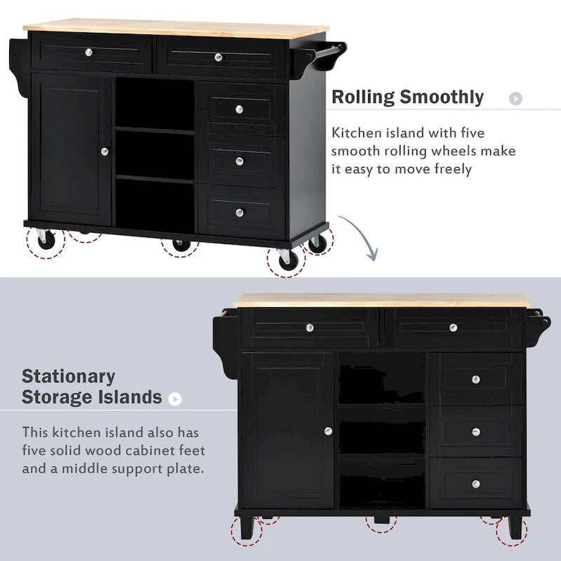 Kitchen Cart with Storage and 5 Drawers,Spice Rack,Towel Holder ,Rubber Wood Desktop Rolling Mobile Kitchen Island
